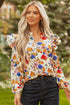 Ruffled Shoulder Long Sleeve Floral Print Blouse