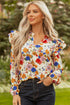 Ruffled Shoulder Long Sleeve Floral Print Blouse