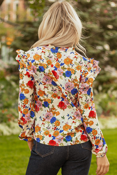 Ruffled Shoulder Long Sleeve Floral Print Blouse