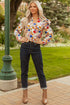 Ruffled Shoulder Long Sleeve Floral Print Blouse