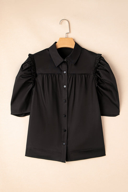 Ruffled Shoulder Puff Sleeve Button Down Shirt