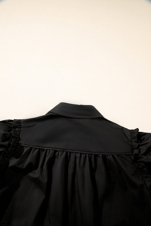 Ruffled Shoulder Puff Sleeve Button Down Shirt