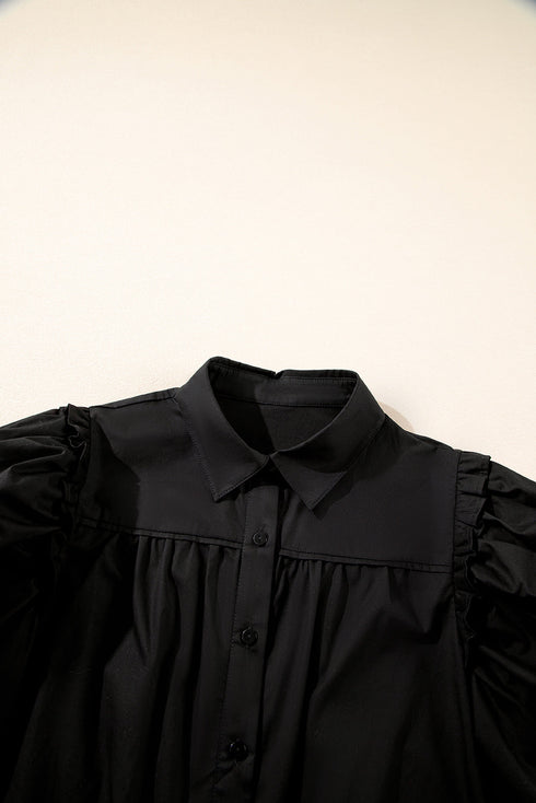 Ruffled Shoulder Puff Sleeve Button Down Shirt
