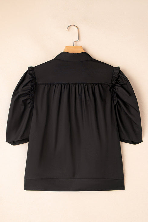 Ruffled Shoulder Puff Sleeve Button Down Shirt
