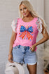 Ruffled Sleeve Bow Graphic Ribbed Knit Top