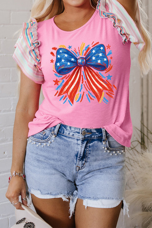 Ruffled Sleeve Bow Graphic Ribbed Knit Top
