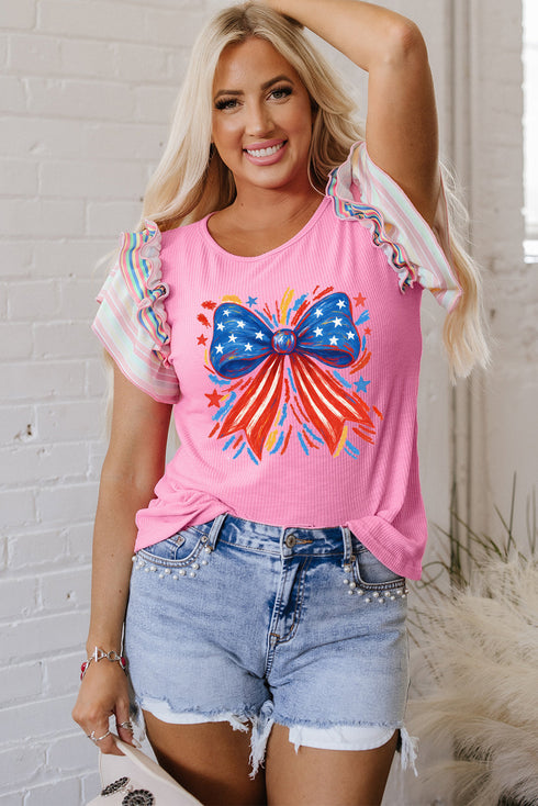 Ruffled Sleeve Bow Graphic Ribbed Knit Top