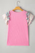 Ruffled Sleeve Bow Graphic Ribbed Knit Top