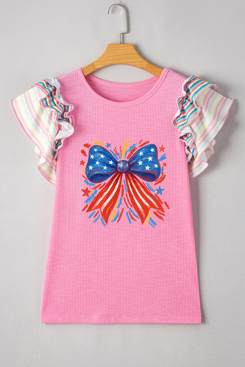 Ruffled Sleeve Bow Graphic Ribbed Knit Top