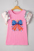Ruffled Sleeve Bow Graphic Ribbed Knit Top