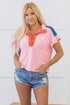 Ruffled Sleeve Button Front Paneled Knit Tee