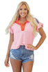 Ruffled Sleeve Button Front Paneled Knit Tee