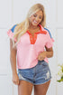 Ruffled Sleeve Button Front Paneled Knit Tee