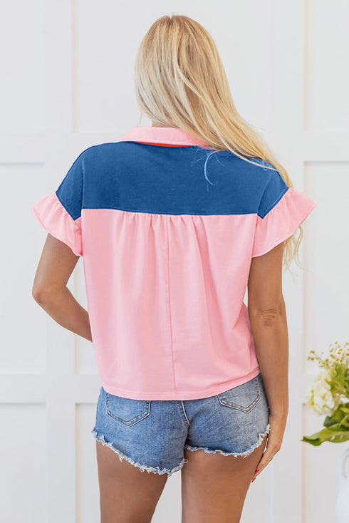 Ruffled Sleeve Button Front Paneled Knit Tee