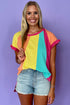 Ruffled Sleeve Crew Neck Contrast Panel Cotton Tee