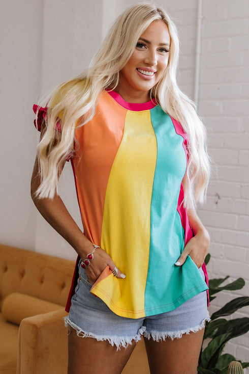 Ruffled Sleeve Crew Neck Contrast Panel Cotton Tee