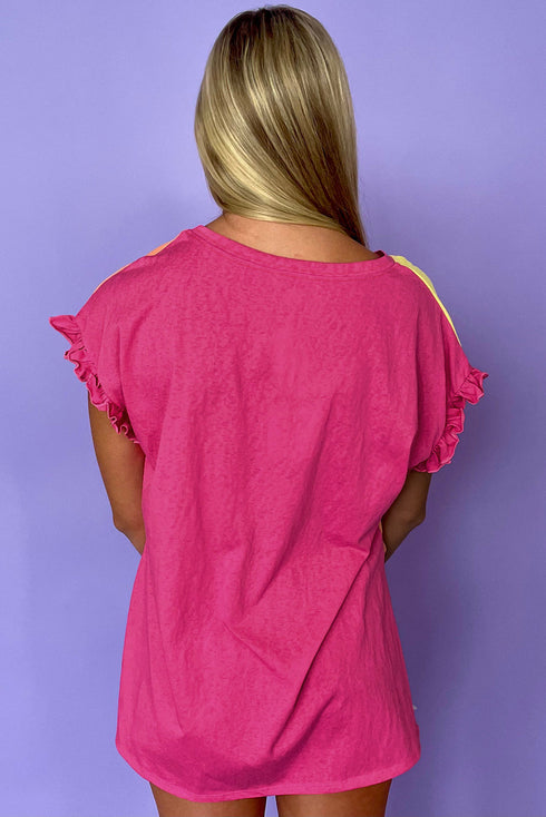 Ruffled Sleeve Crew Neck Contrast Panel Cotton Tee