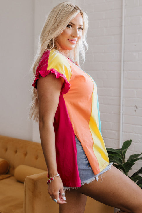 Ruffled Sleeve Crew Neck Contrast Panel Cotton Tee