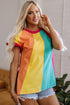 Ruffled Sleeve Crew Neck Contrast Panel Cotton Tee