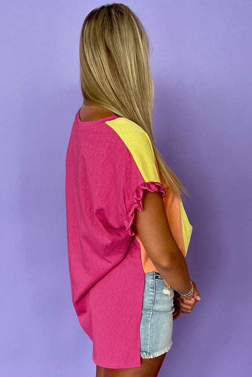Ruffled Sleeve Crew Neck Contrast Panel Cotton Tee