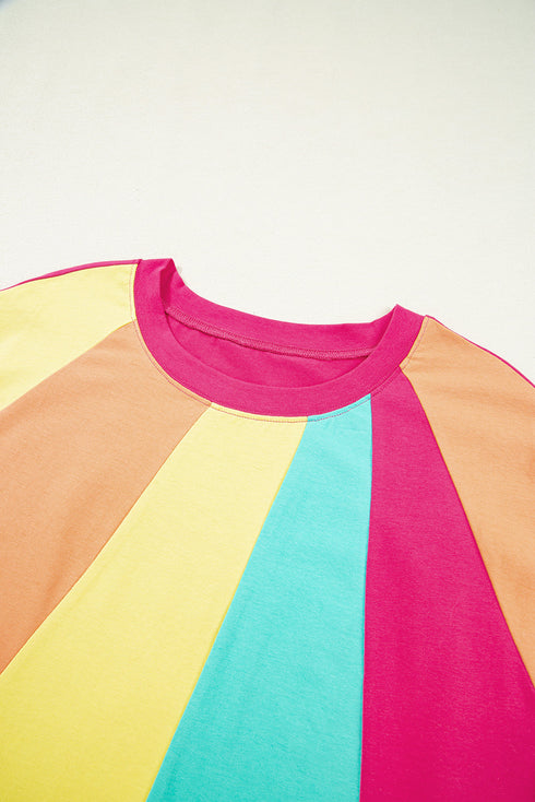 Ruffled Sleeve Crew Neck Contrast Panel Cotton Tee