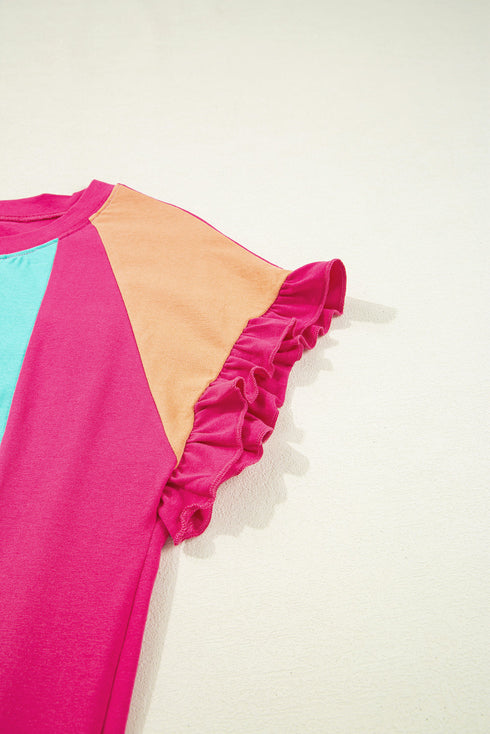 Ruffled Sleeve Crew Neck Contrast Panel Cotton Tee