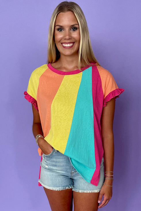 Ruffled Sleeve Crew Neck Contrast Panel Cotton Tee