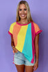Ruffled Sleeve Crew Neck Contrast Panel Cotton Tee