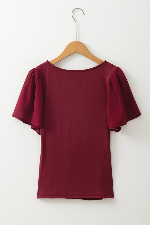 Ruffled Sleeve Slim Fit V Neck Stretch Viscose Top