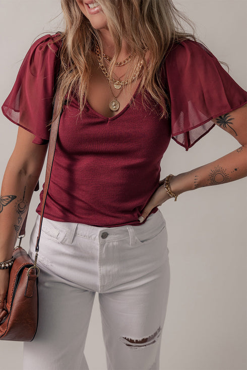Ruffled Sleeve Slim Fit V Neck Stretch Viscose Top