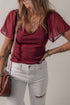 Ruffled Sleeve Slim Fit V Neck Stretch Viscose Top