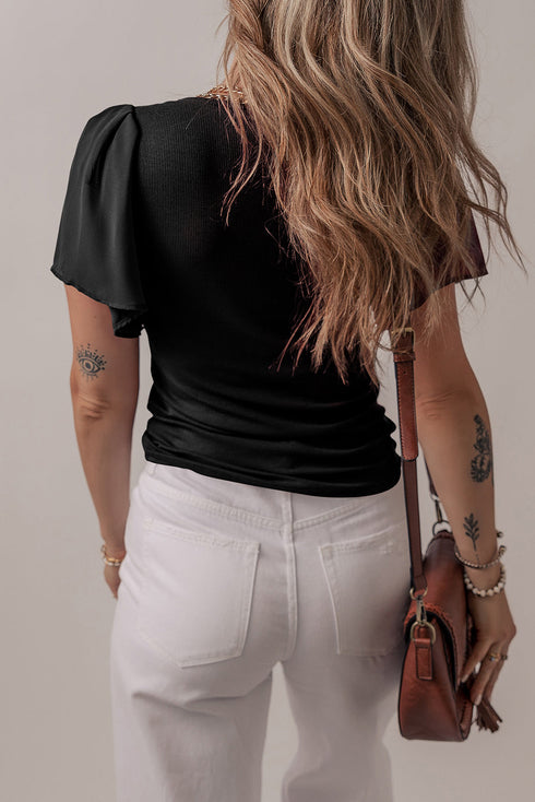 Ruffled Sleeve Slim Fit V Neck Stretch Viscose Top