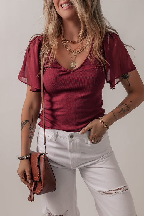 Ruffled Sleeve Slim Fit V Neck Stretch Viscose Top