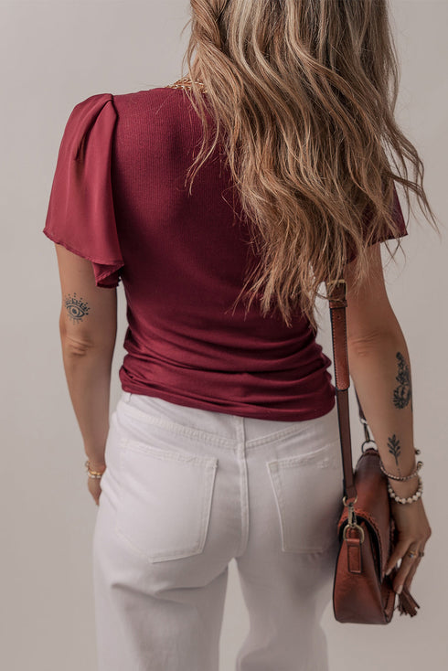 Ruffled Sleeve Slim Fit V Neck Stretch Viscose Top