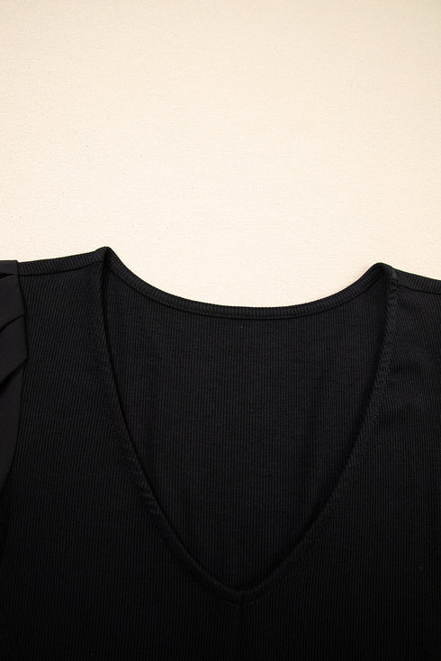 Ruffled Sleeve Slim Fit V Neck Stretch Viscose Top