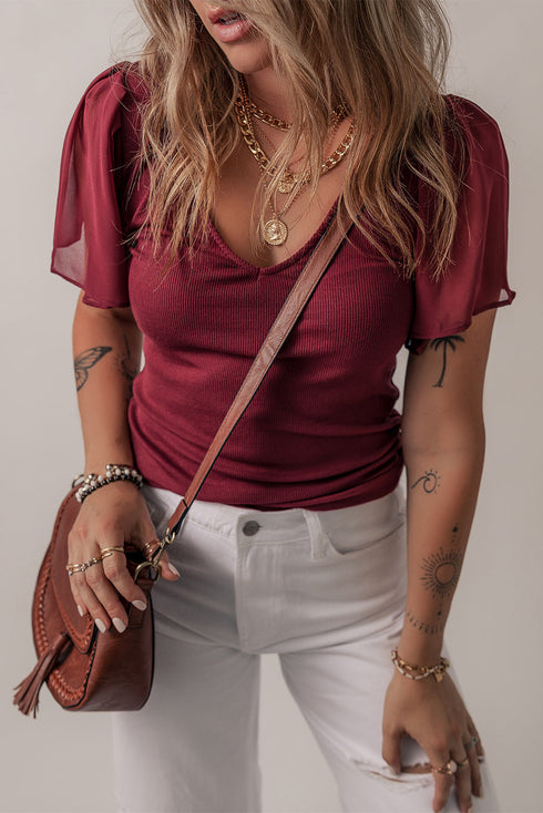 Ruffled Sleeve Slim Fit V Neck Stretch Viscose Top