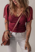 Ruffled Sleeve Slim Fit V Neck Stretch Viscose Top