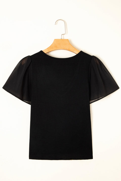 Ruffled Sleeve Slim Fit V Neck Stretch Viscose Top