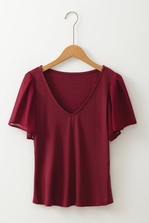 Ruffled Sleeve Slim Fit V Neck Stretch Viscose Top