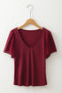 Ruffled Sleeve Slim Fit V Neck Stretch Viscose Top