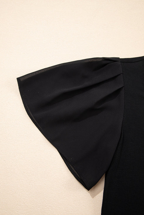 Ruffled Sleeve Slim Fit V Neck Stretch Viscose Top
