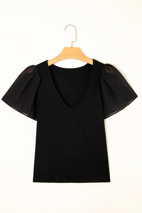 Ruffled Sleeve Slim Fit V Neck Stretch Viscose Top