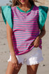 Ruffled Sleeve Striped Crew Neck Cotton Blouse