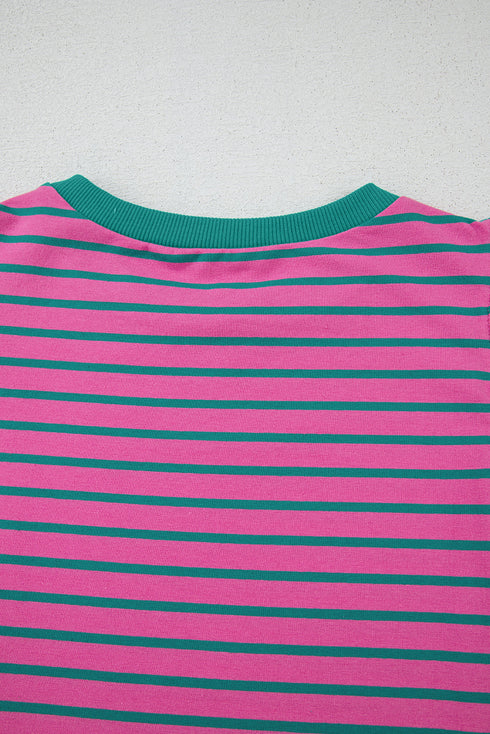 Ruffled Sleeve Striped Crew Neck Cotton Blouse