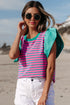 Ruffled Sleeve Striped Crew Neck Cotton Blouse