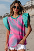 Ruffled Sleeve Striped Crew Neck Cotton Blouse