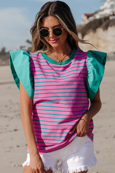 Ruffled Sleeve Striped Crew Neck Cotton Blouse
