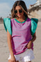 Ruffled Sleeve Striped Crew Neck Cotton Blouse