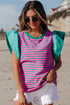 Ruffled Sleeve Striped Crew Neck Cotton Blouse