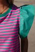 Ruffled Sleeve Striped Crew Neck Cotton Blouse